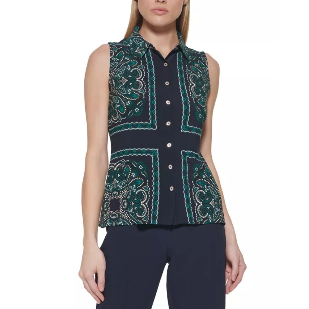 NEW Tommy Hilfiger Midnight & Forest Mandala Sleeveless Button-up Blouse Size S